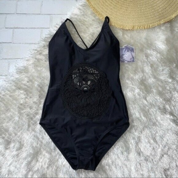 YMI Black Cutout Lace Center One Piece Swimsuit - Picture 2 of 5